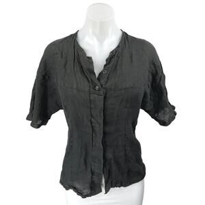 Roberto Verino 100% Linen Black Short Sleeve Button Down Shirt Blouse Top Sz 12